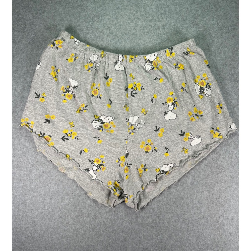 Peanuts Snoopy Gray Floral Pajama Shorts Lettuce Edge Ruffle Hem Large
